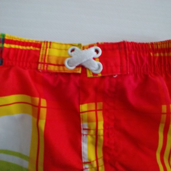 OP Boys Bright Red Yellow Tartan Plaid Swim Trunks - Picture 2 of 7